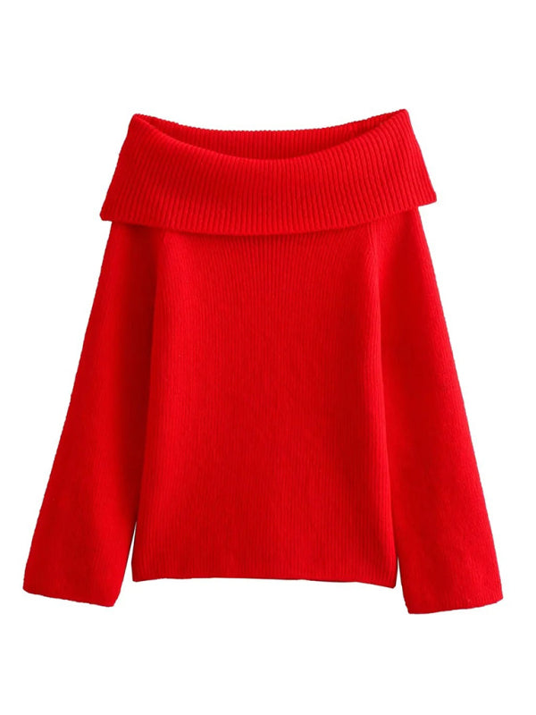 New women's one-line collar solid color knitted sweater