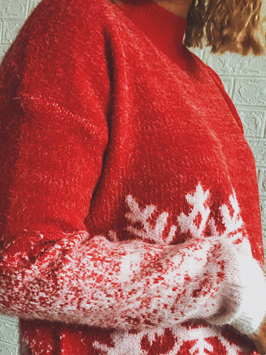 Women's Half Turtleneck Long Sleeve Snowflake Colorblock Knit Christmas Sweater Sweater