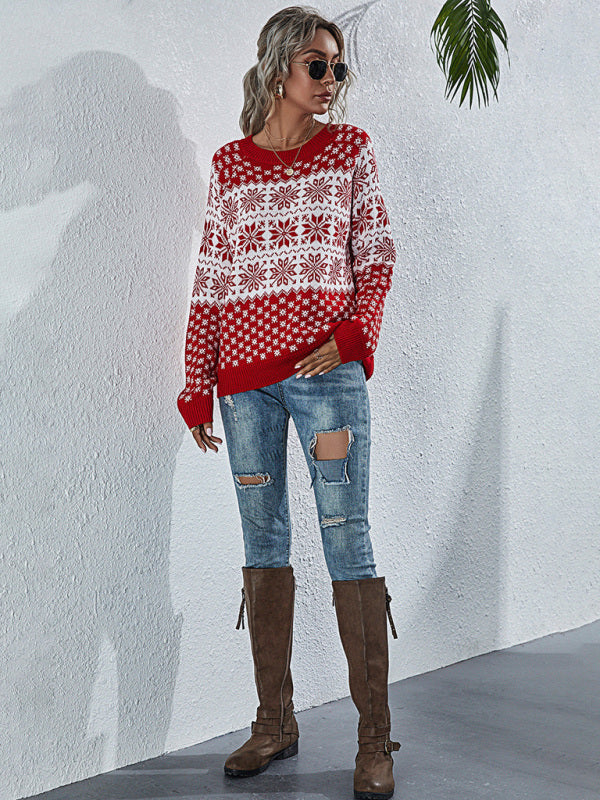 Women's Snowflake Knit Loose Long Sleeve Pullover Crew Neck Christmas Sweater