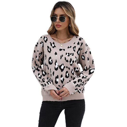 women's new loose leopard print long sleeve sweater