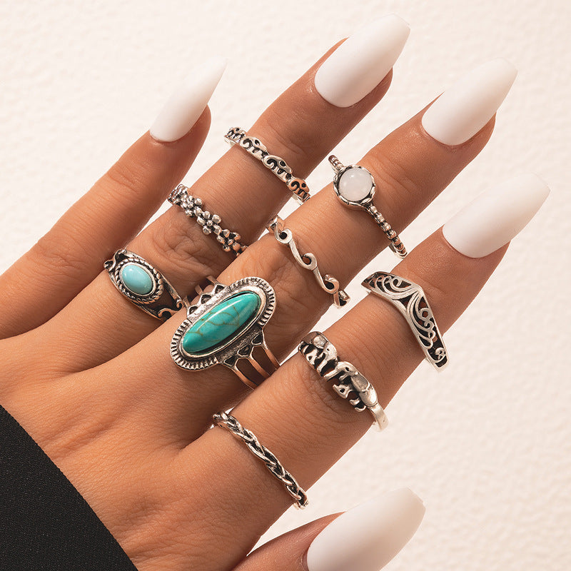 Ethnic style retro inlaid turquoise carved feather ring fashion 8-piece combination ring set