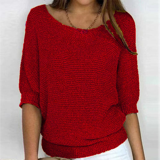 Women's round neck three-quarter sleeve knitted sweater