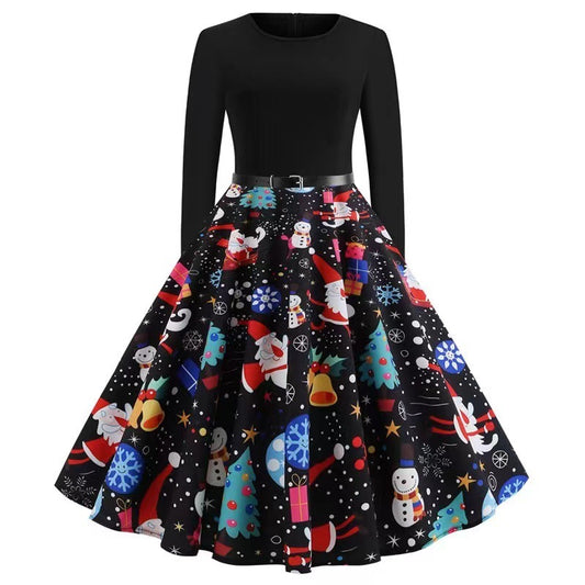 Christmas long-sleeved slim round neck printed dress