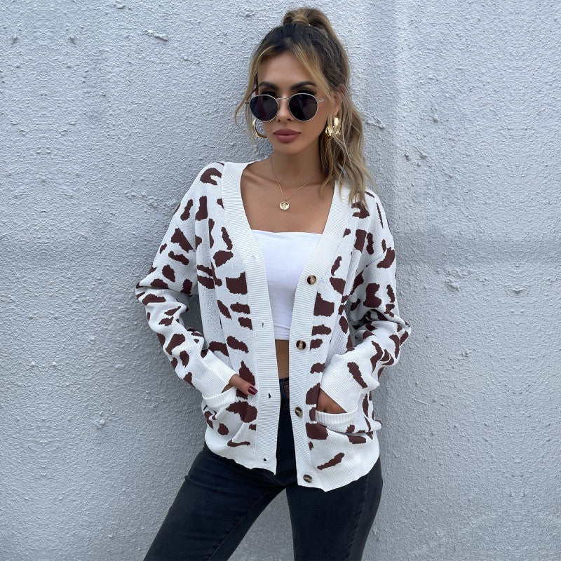 women's wind leopard print v-neck knitted sweater coat