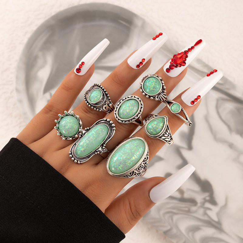 Ethnic style retro inlaid turquoise carved feather ring fashion 8-piece combination ring set